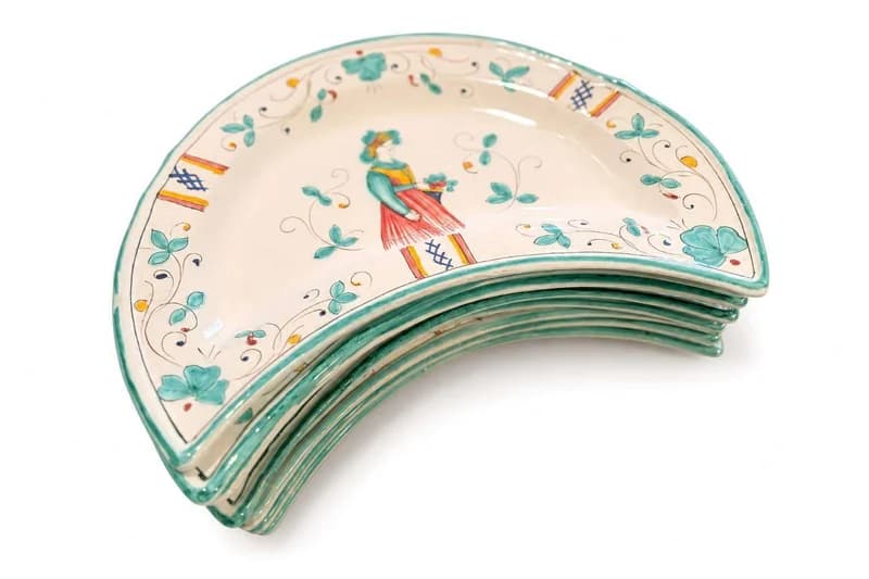 Hand-Painted Crescent Porcelain Bone Dishes, Floral Folkloric Woman Motif, Set of 6