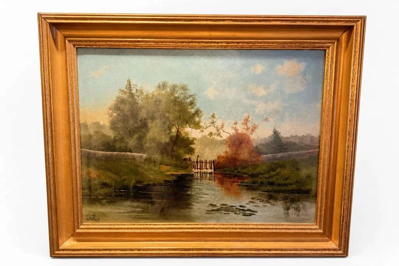 Framed pastoral landscape watercolor painting