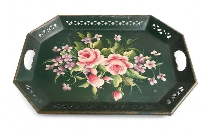 Vintage hand-painted octagonal green floral serving tray