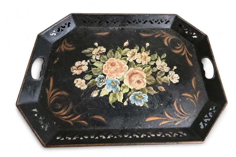Hand-Painted Black Metal Tole Serving Tray with Floral Decoration