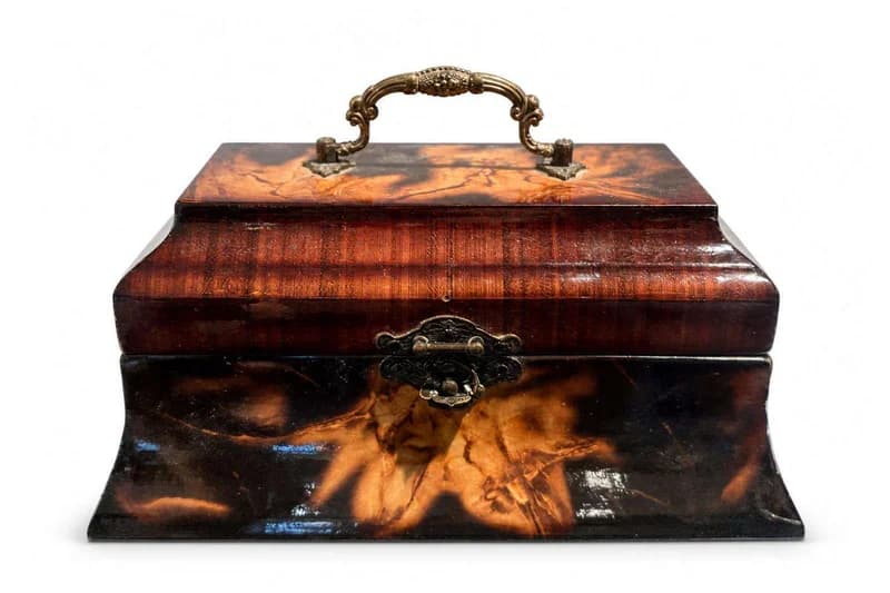 Tortoiseshell-Style Veneered Jewelry Box with Brass Handle
