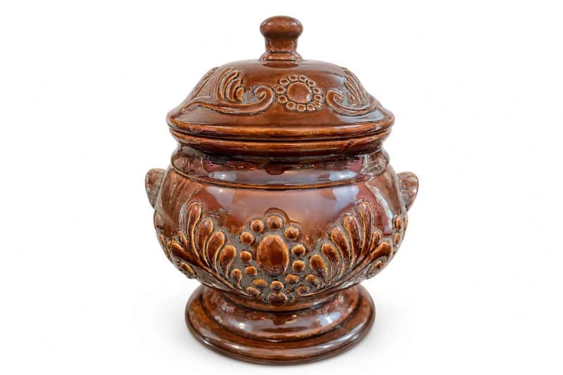 Brown Glazed Ceramic Lidded Canister with Floral Relief