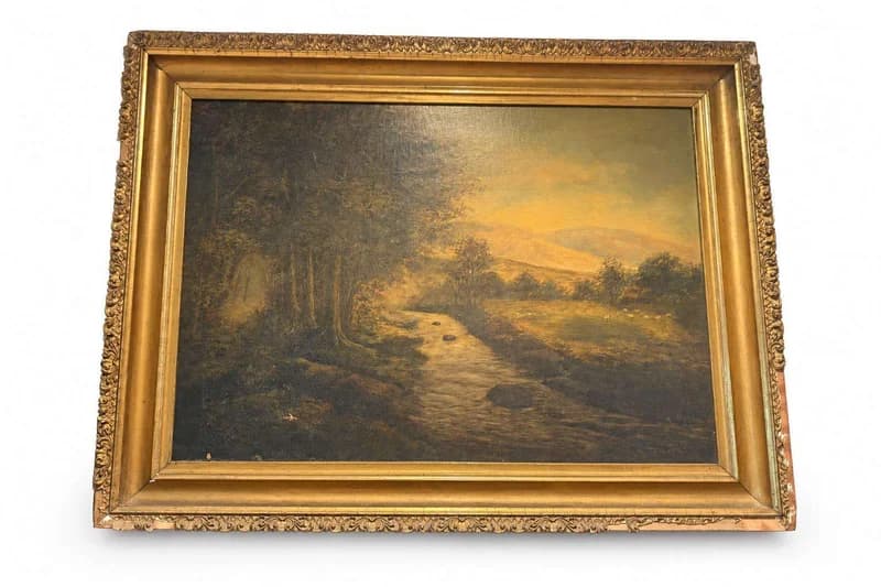 Framed landscape oil painting in ornate gilt frame