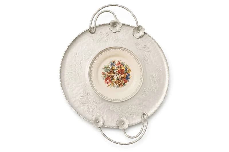 Silverplate round handled serving tray with porcelain floral center insert