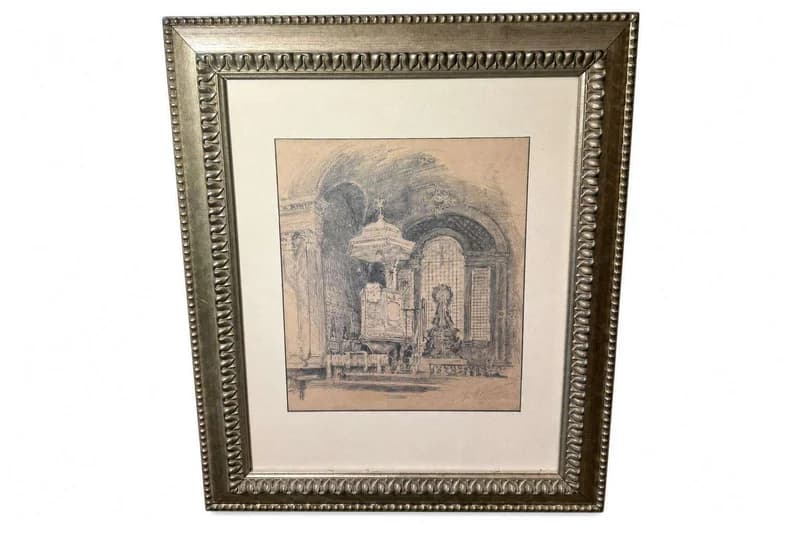 Framed sepia architectural interior etching print