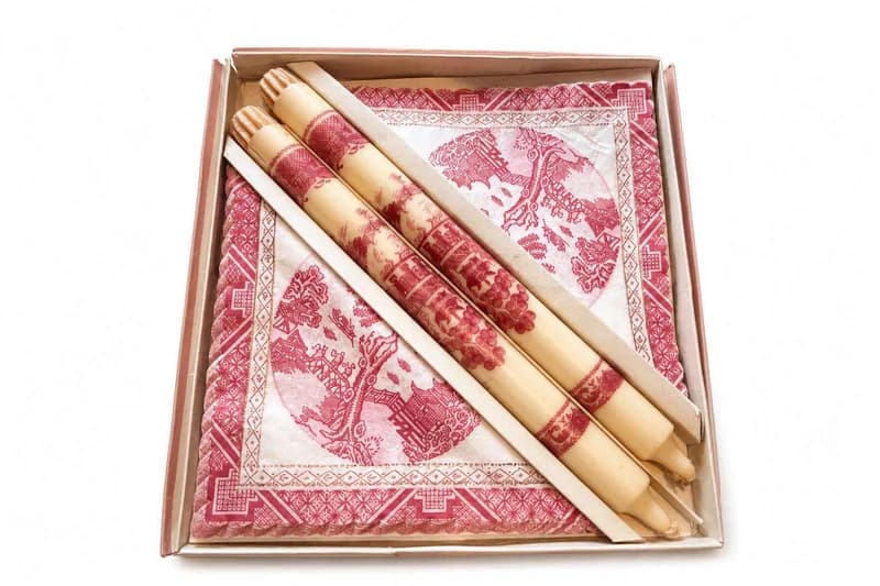 Vintage-style boxed taper candle set with red toile cloth liner