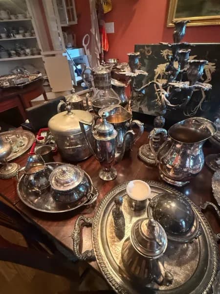 Ornate silver-plated tea and coffee service set with tray