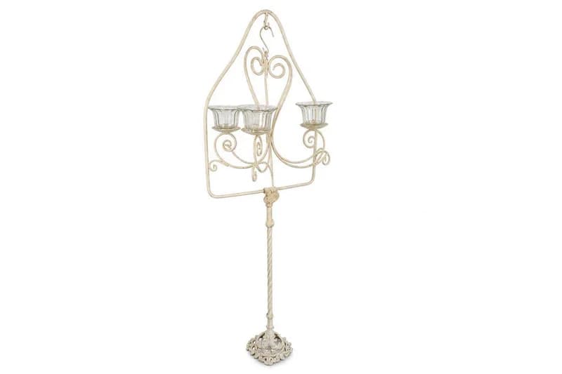 Cream wrought iron 3-light floor candelabra stand with glass cups