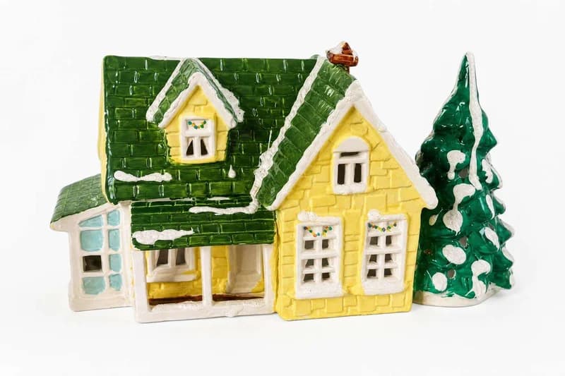 Ceramic lighted Christmas village house with evergreen tree