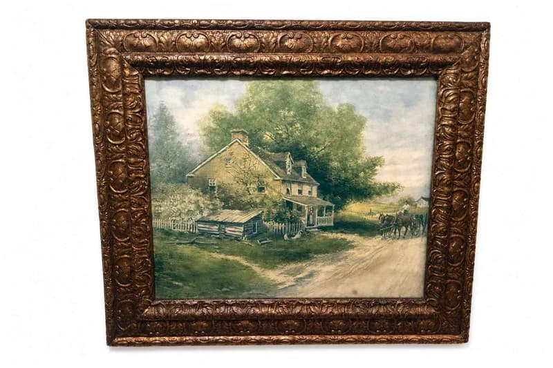 Ornate framed pastoral farmhouse landscape painting