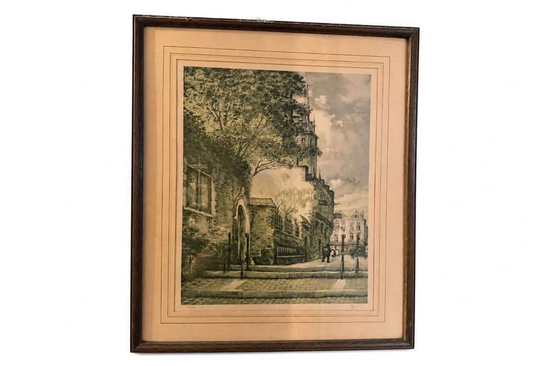 Framed vintage city street scene lithograph print